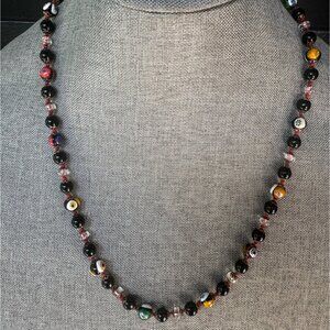 Vintage Murano Glass Bead Necklace With Colorful Millefiori Pattern